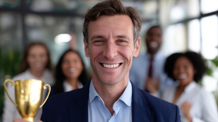 Confident CEO raising a trophy surrounded by smiling coworkers, vibrant office space, teamwork and success theme