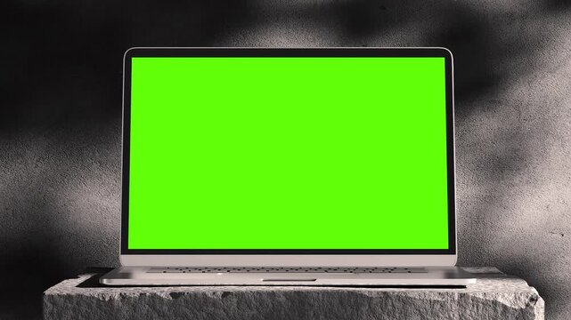 Laptop Computer with Green Screen for Chroma Key Stone. Zoom In Mock Up Working PC with Greenscreen for Chromakey on Nature Color Background. Web Presentation of Electronic 3d Object with Horizon View