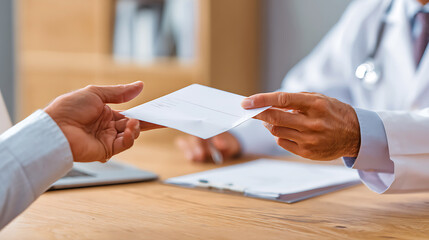 Doctor handing prescription or medical information to patient