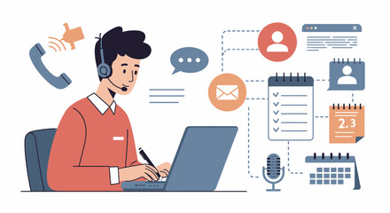Customer Service Representative Working with Laptop and Headset.