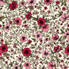 Delicate ditsy blossom pattern with many tiny hand sketched flowers outlined in thin black line featuring soft pink and vivid red petals with fresh green foliage on bright white backdrop stock illustr