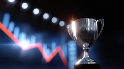 Elegant trophy on stage with bright lights and digital charts displaying upward trends, futuristic business theme