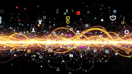 Glowing waves of data flow through a digital network of icons and connections. - Powered by Adobe