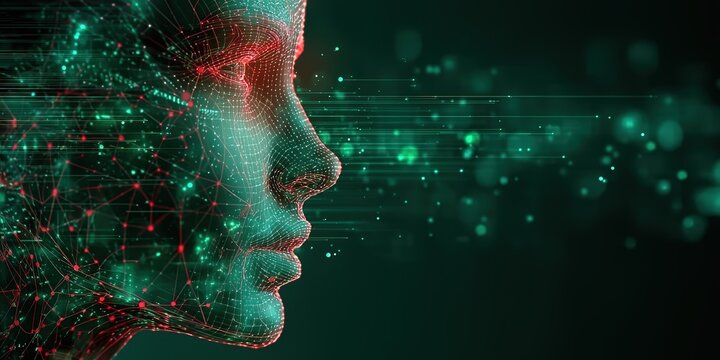 3D Digital Line Data Human Head with Green Background and Red Light Effect, Futuristic Vector Corporate Illustration Style