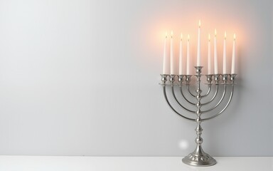 Silver menorah with burning candles on light grey background, space for text. Hanukkah celebration. High quality