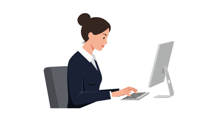 Businesswoman Working on Computer with Keyboard and Monitor.