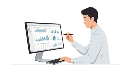 Businessman Analyzing Data Charts on Computer Screen.
