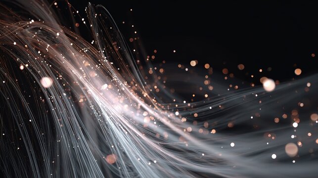 Abstract glowing light trails with sparkle lines on black background, pink and white fabric threads flowing dynamically, modern elegant design