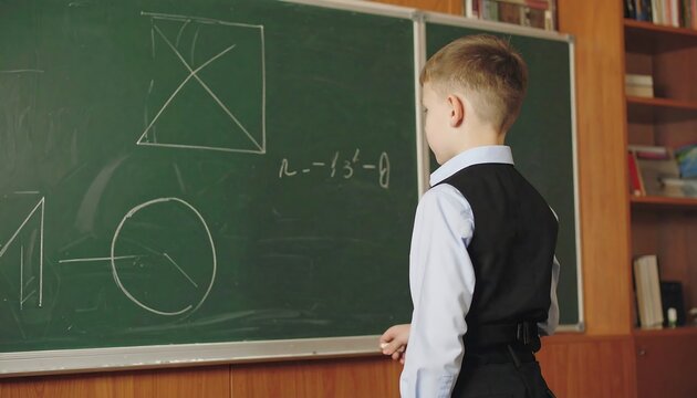 Young boy attentively studying geometry concepts on a classroom chalkboard.