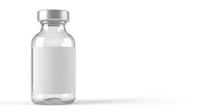 Clear Glass Medical Vial with Blank White Label for Mockup, 3D Rendering of an Empty Vial Bottle with a White Label