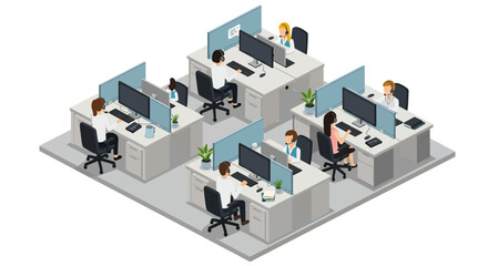 Isometric Office Cubicles with People Working on Computers.