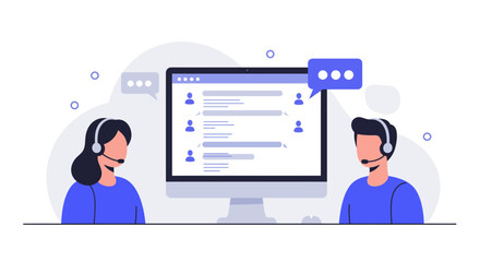 Customer Service Representatives with Computer and Chat Interface.