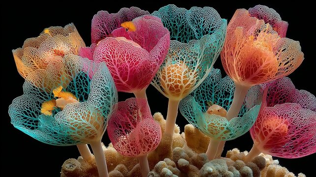 Colorful sea squirts clustered together on a reef against a dark background.