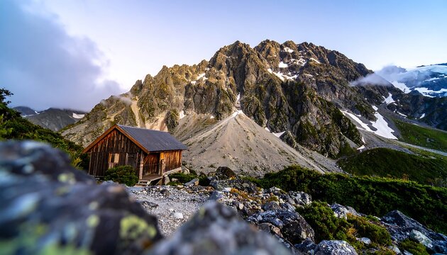 A rustic wooden hut nestled at the base of majestic snow-capped mountains, bathed in soft morning light.