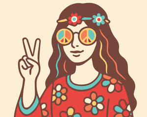 Vector illustration of a woman in retro hippie style, designed with vibrant colorful tones, groovy fashion elements, playful decorative accents, and details.