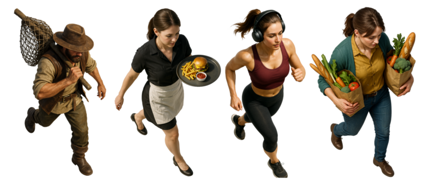 A diverse collection of characters including an explorer with a net, a waitress carrying a tray, a female athlete running with headphones, and a woman holding grocery bags with vegetables