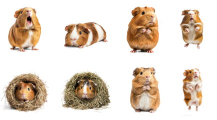 Collection of Guinea pig squeaking A guinea pig stands with its mouth open mid-squeak. full length isolate on transparent background