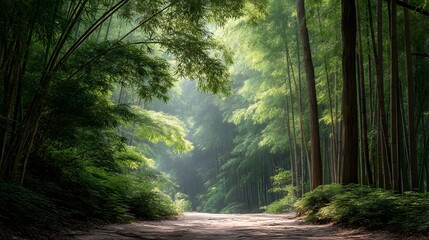 Fototapeta premium A secluded woodland trail surrounded by tall bamboo groves