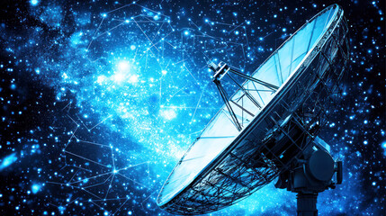 A large, silver satellite dish with a blue and white starry sky in the background.