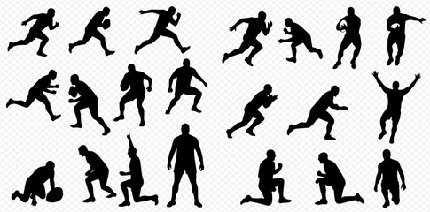 Silhouettes of male football players in various action poses, including running, jumping, and tackling, on a transparent background.