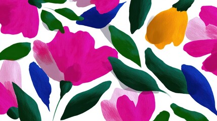 Abstract floral shapes with bright colors and bold outlines on white background, modern and fresh style
