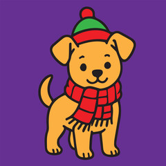 Vector design of an adorable Christmas dog costume, illustrated in bright cartoon form, joyful colorful accents with festive decorations and cheerful details.