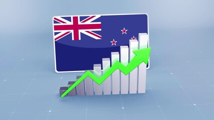 New Zealand Country Flag and Bar Chart Graph Showing Increasing Values a Green Arrow Developing Country Concept - Powered by Adobe