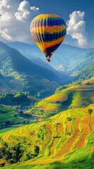 Naklejka premium Balloon Flies Over Terraced Fields and Mountains at Day +Peaceful Journey
