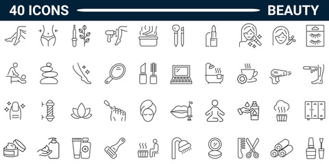 Beauty line icon set. Includes Spa treatments, skin care, massage, hyaluronic acid, serum, anti ageing, pore tighten, cosmetology. Editable stroke. Vector illustration