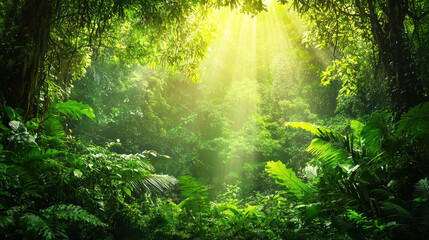 Obraz premium A lush green forest with sunlight filtering through the trees, casting a warm glow over the vibrant green foliage and creating a serene and peaceful atmosphere.