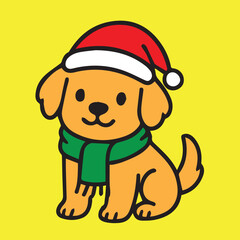 A vector drawing depicting a lovely dog dressed with Christmas outfit, presented in fun cartoon form, colorful lively style with decorative details.