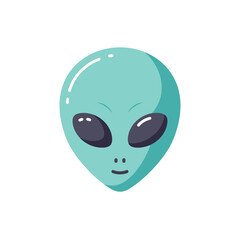 Stylized cartoon alien face with large black eyes and a small, simple mouth on white backdrop. Concept for Halloween decoration, children's illustration and science fiction theme design