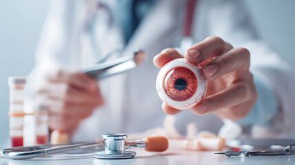 Ophthalmologist holding a prosthetic eye with medical instruments on table