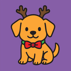 A vector artwork showing an adorable dog wearing Christmas clothes, created in playful style, vibrant colorful palette with holiday decorations and cheerful expression.