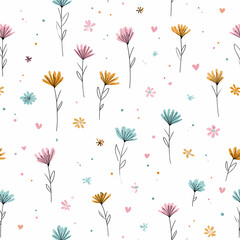 Charming flat vector artwork showing a playful spring bloom pattern with pastel tones on clean white backdrop designed in a minimal cute style with simple childlike line drawing stock illustration
