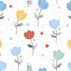 Charming flat vector artwork showing a playful spring bloom pattern with pastel tones on clean white backdrop designed in a minimal cute style with simple childlike line drawing stock illustration
