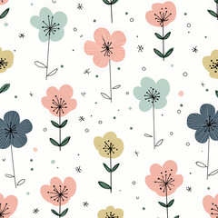 Charming flat vector artwork showing a playful spring bloom pattern with pastel tones on clean white backdrop designed in a minimal cute style with simple childlike line drawing stock illustration
