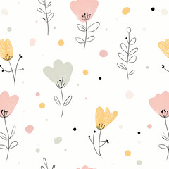 Charming flat vector artwork showing a playful spring bloom pattern with pastel tones on clean white backdrop designed in a minimal cute style with simple childlike line drawing stock illustration
