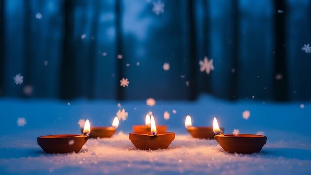 Diwali lanterns glow in snow, winter magic, faith. Symbolizing peace, celebration, spiritual light. Ideal for holiday, religious, winter solstice, Diwali festival projects.