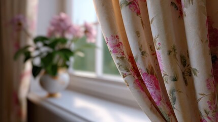 Elegant floral patterned curtains in pastel colors framing a vintage-style window, warm and inviting atmosphere