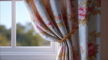Elegant floral patterned curtains in pastel colors framing a vintage-style window, warm and inviting atmosphere