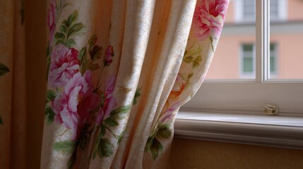 Elegant floral patterned curtains in pastel colors framing a vintage-style window, warm and inviting atmosphere