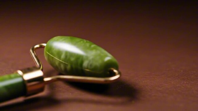 A jade roller with a golden handle rests against a brown surface