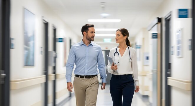 Two healthcare professionals walking and discussing in a hospital corridor