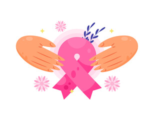A concept for Breast Cancer Awareness. Support and sympathy for cancer patients. Illustration of two hands with a pink ribbon and floral decoration. World Cancer Day. Flat style design.