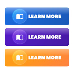 Dynamic Learn More buttons with book icon, vibrant colors for website design, call to action elements, modern user interface, digital marketing solutions, and interactive design