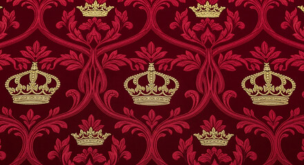 Ornate Red Damask Pattern with Gold Crown Accents.
