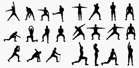 A collection of black silhouettes depicting people performing various exercise and stretching poses.