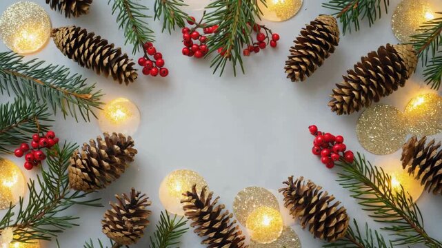Christmas flat lay ring of pine, berries and lights