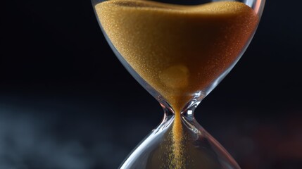 Hourglass with golden sand slowly flowing, dark background with soft spotlight, symbolic of passing time